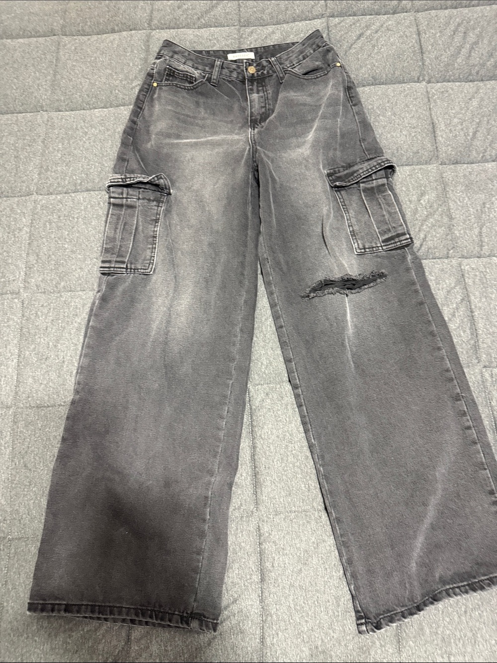 Machine Jeans Grey Cargo Pants Distressed Wide Leg Y2K Grunge Skater 26/30 Woman